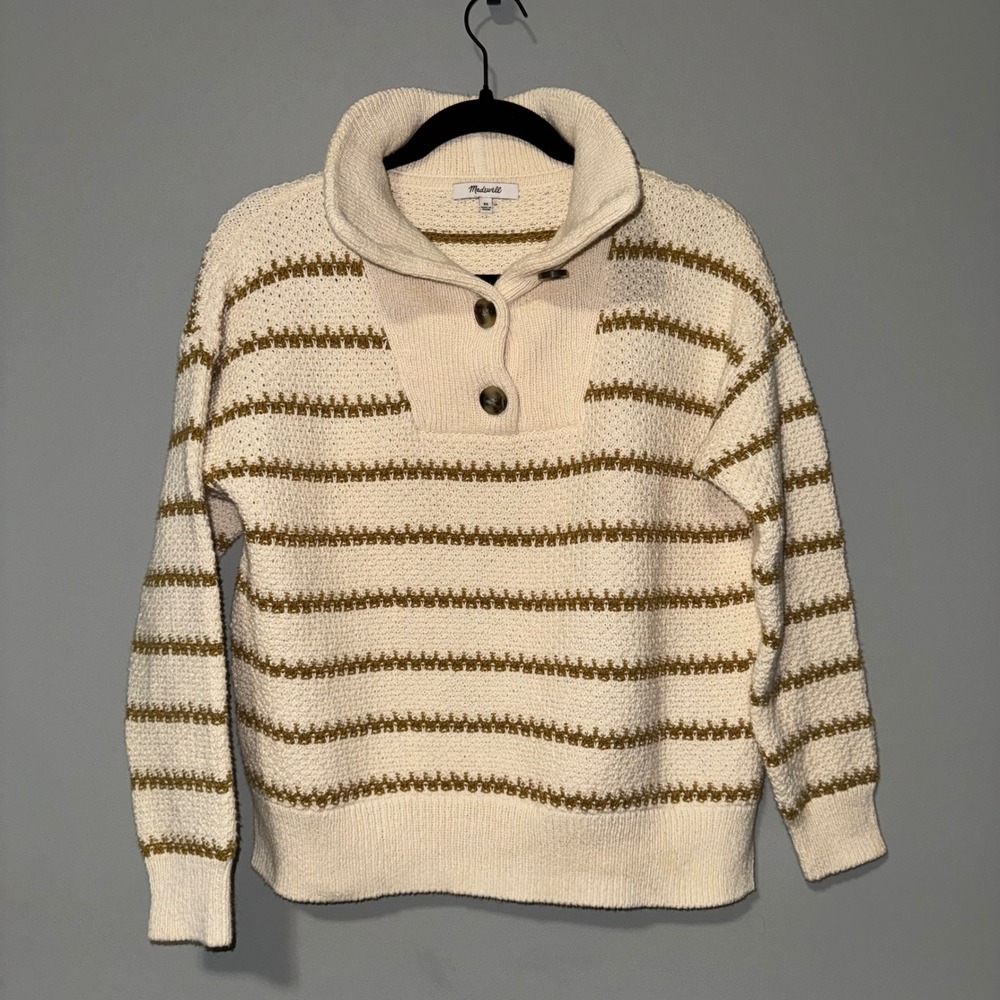 Madewell Striped Shawl Collar Pullover Sweater‎ Women XS Cream Gold Textured